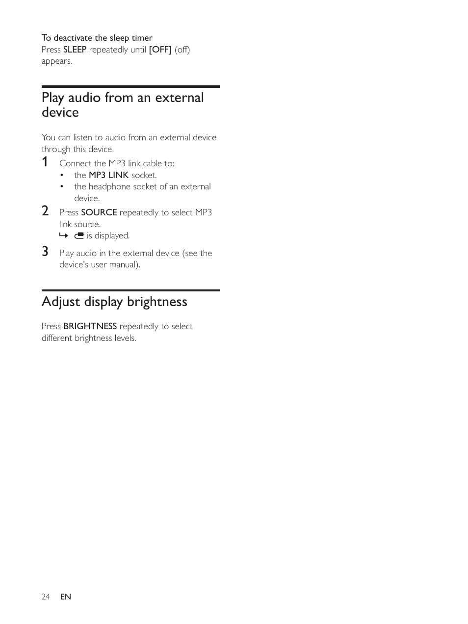 Play audio from an external device, Adjust display brightness | Philips AS140 User Manual | Page 25 / 31