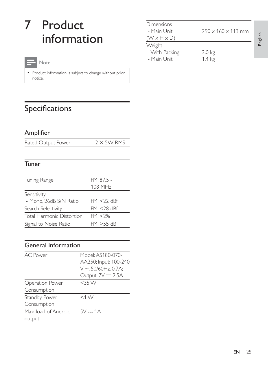 7 product information, 6shflàfdwlrqv | Philips AS140 User Manual | Page 26 / 31