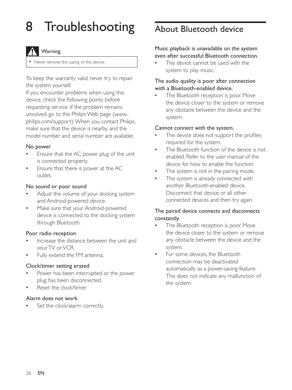 8 troubleshooting, About bluetooth device | Philips AS140 User Manual | Page 27 / 31