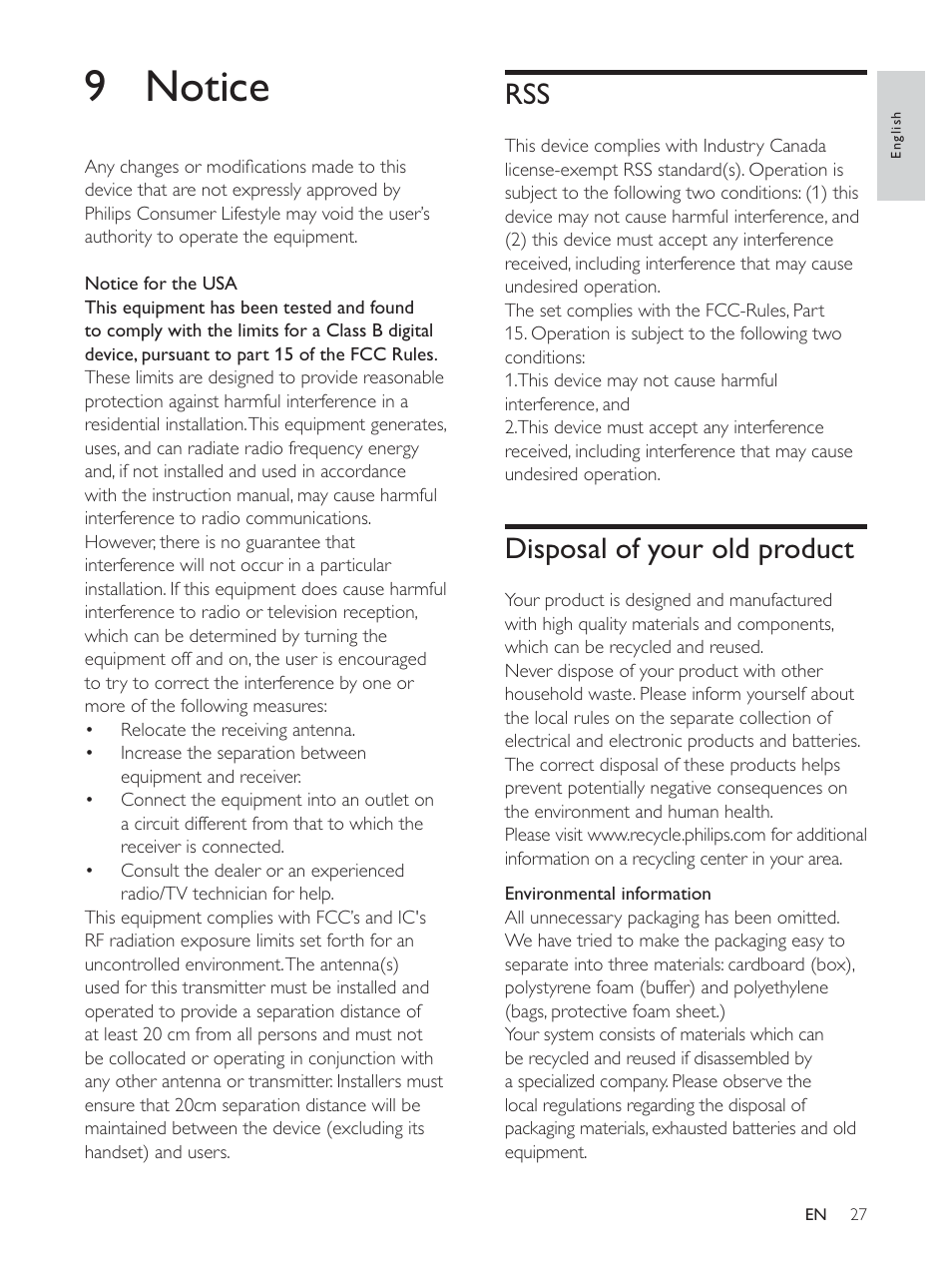 9 notice, Disposal of your old product | Philips AS140 User Manual | Page 28 / 31