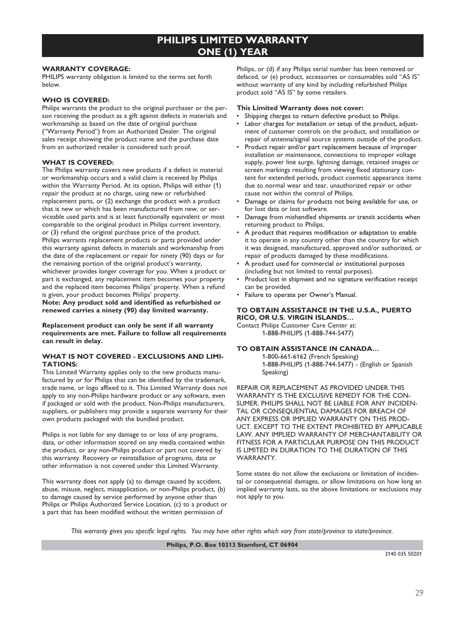 Philips limited warranty one (1) year | Philips AS140 User Manual | Page 30 / 31