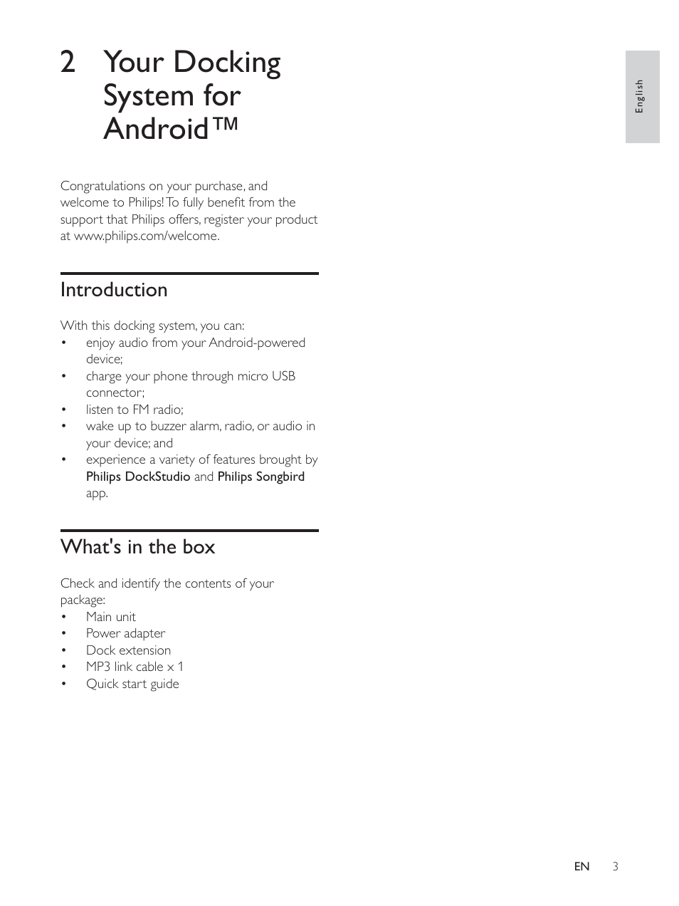 2 your docking system for android, Introduction, What's in the box | Philips AS140 User Manual | Page 4 / 31