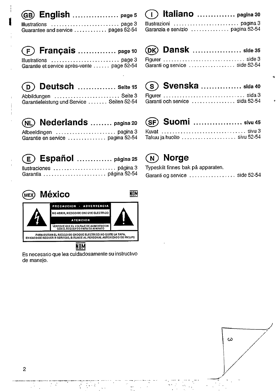 English, Italiano, Dansk | F) français.............. ......page, F) deutsch.................... sette is, Svenska...................... sida4o, Nederlands.............. pagina, S^ suomi................ .......sivu45, Español, Ñ) norge | Philips CD 605 User Manual | Page 2 / 14