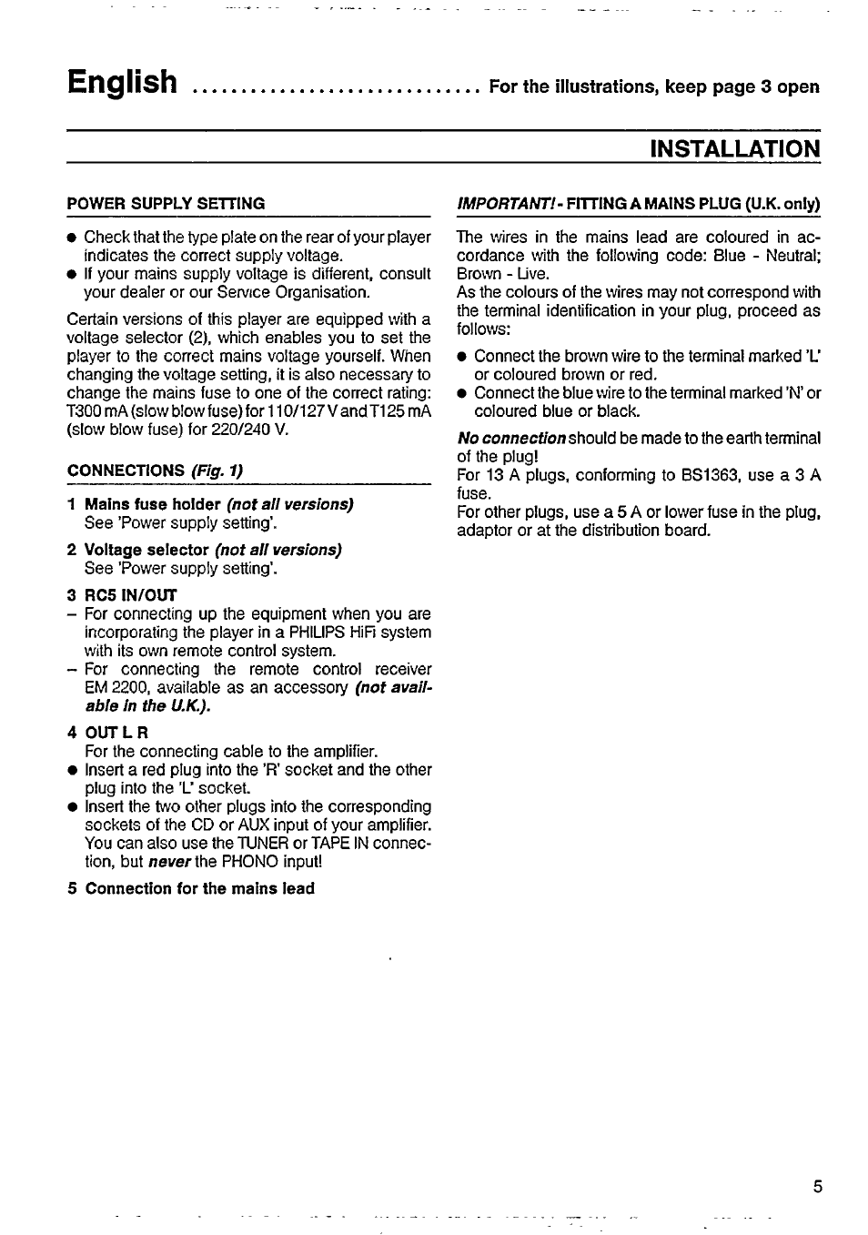 English, Installation | Philips CD 605 User Manual | Page 5 / 14