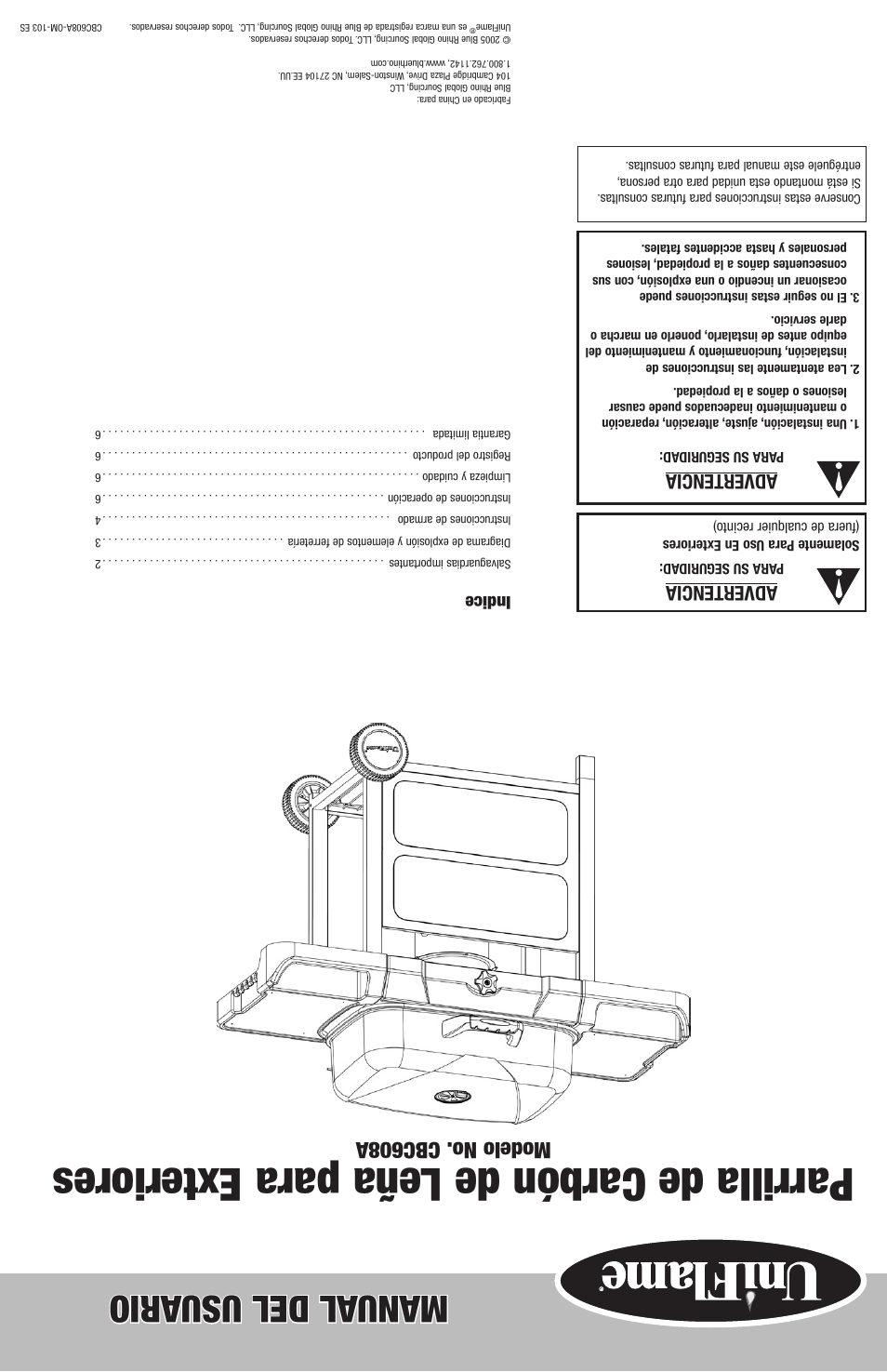 Parrilla de carbón de leña para exteriores, Manual del usu ario, Modelo no. cbc608a | Advertencia, Indice | Philips CBC608A User Manual | Page 12 / 12