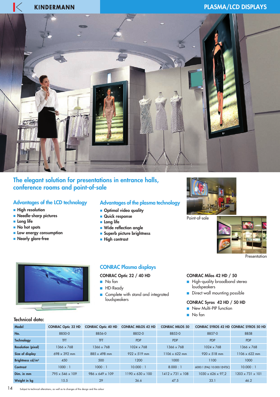 Plasma/lcd displays, Conrac plasma displays, Advantages of the lcd technology | Advantages of the plasma technology, Technical data | Philips 220X User Manual | Page 14 / 68