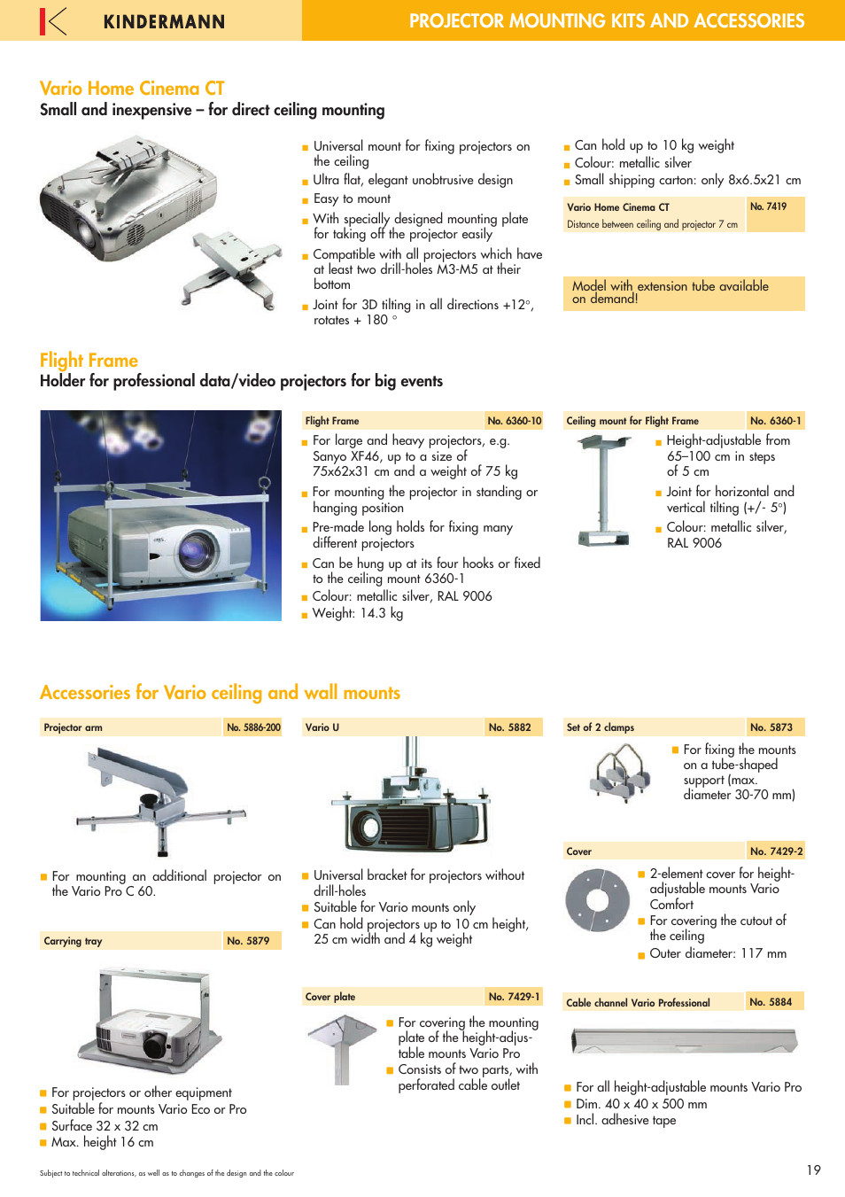 Vario home cinema ct, Flight frame, Accessories for vario ceiling and wall mounts | Projector mounting kits and accessories | Philips 220X User Manual | Page 19 / 68