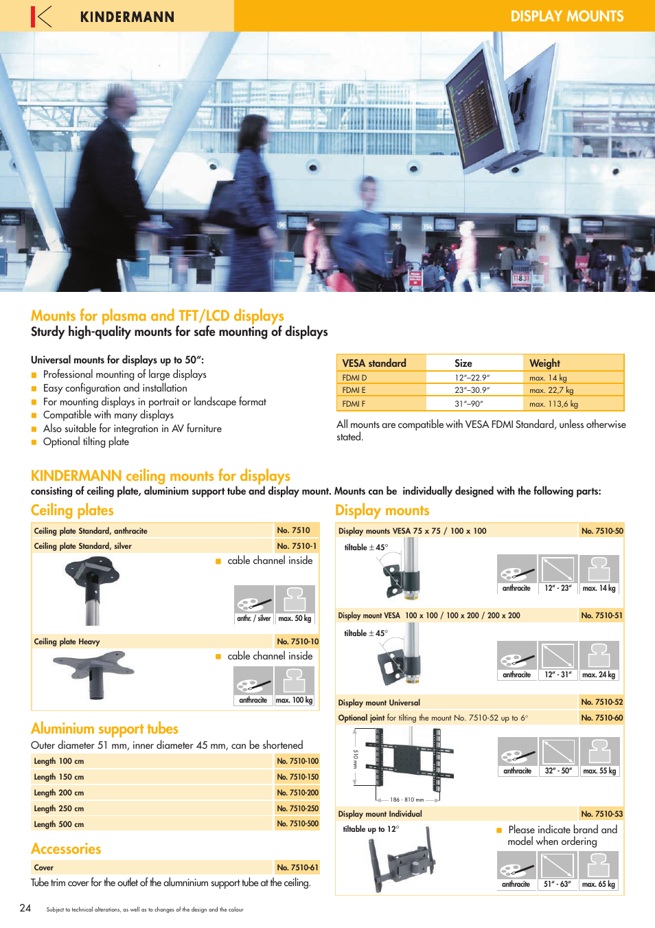 Display mounts, Kindermann ceiling mounts for displays, Ceiling plates display mounts | Accessories, Aluminium support tubes, Mounts for plasma and tft/lcd displays | Philips 220X User Manual | Page 24 / 68