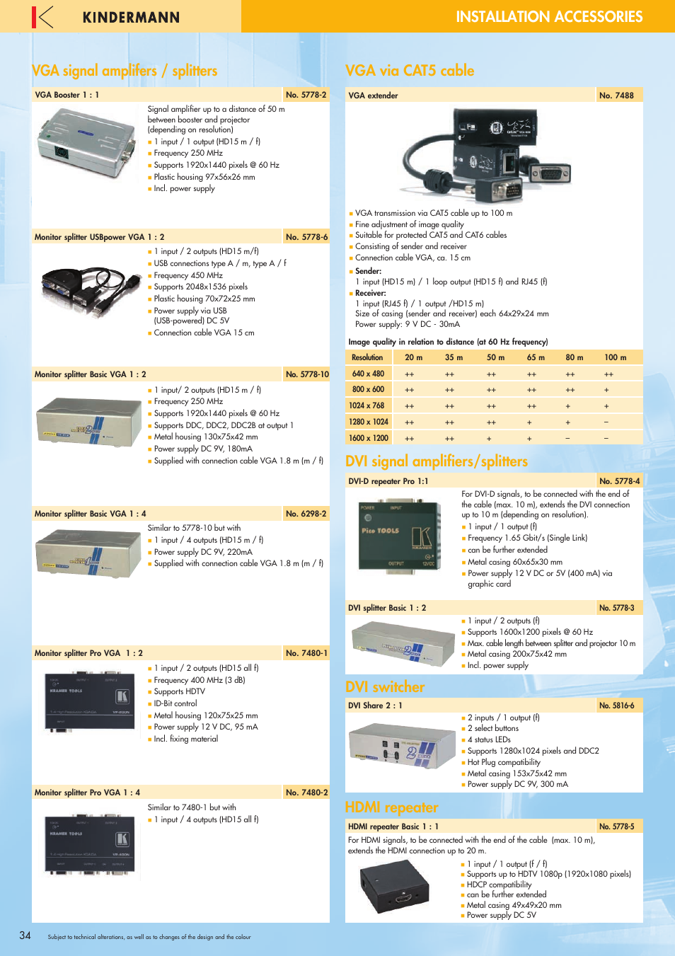 Installation accessories, Vga signal amplifers /splitters, Vga via cat5 cable | Dvi signal amplifiers/splitters, Dvi switcher, Hdmi repeater, Vga signal amplifers / splitters, Hdmi repeater dvi switcher | Philips 220X User Manual | Page 34 / 68