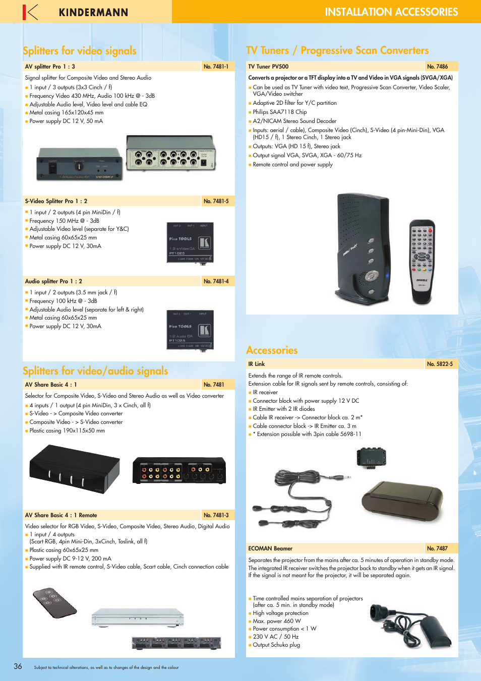 Splitters for video signals, Splitters for video/audio signals, Tv tuners / progressive scan converters | Accessories, Installation accessories | Philips 220X User Manual | Page 36 / 68