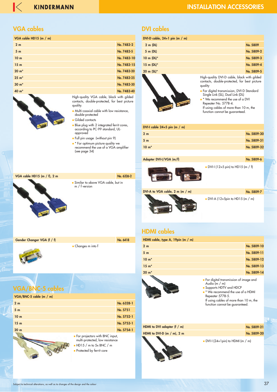 Vga cables, Vga/bnc-5 cables, Dvi cables | Hdmi cables, Installation accessories, Vga/bnc-5 cables hdmi cables | Philips 220X User Manual | Page 37 / 68