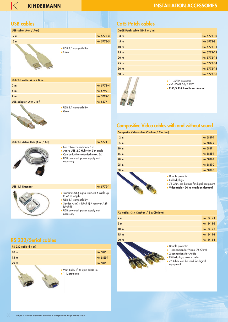 Usb cables, Rs 232/serial cables, Cat5 patch cables | Compositive video cables with and without sound, Installation accessories | Philips 220X User Manual | Page 38 / 68