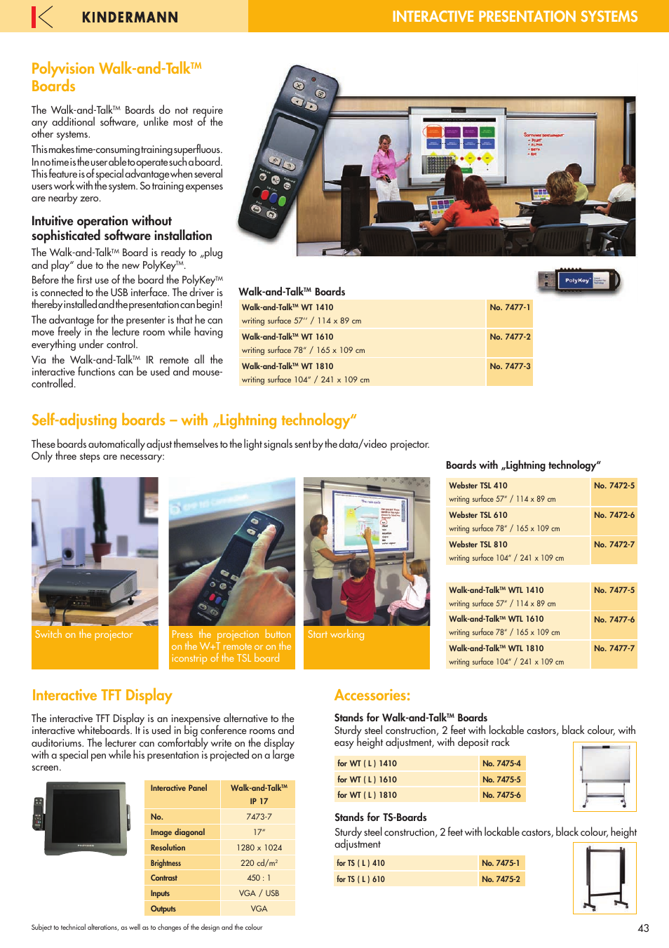 Polyvision walk-and-talk tm boards, Self-adjusting boards, Interactive tft display | Accessories, Interactive presentation systems, Polyvision walk-and-talk, Boards, Self-adjusting boards – with „lightning technology | Philips 220X User Manual | Page 43 / 68