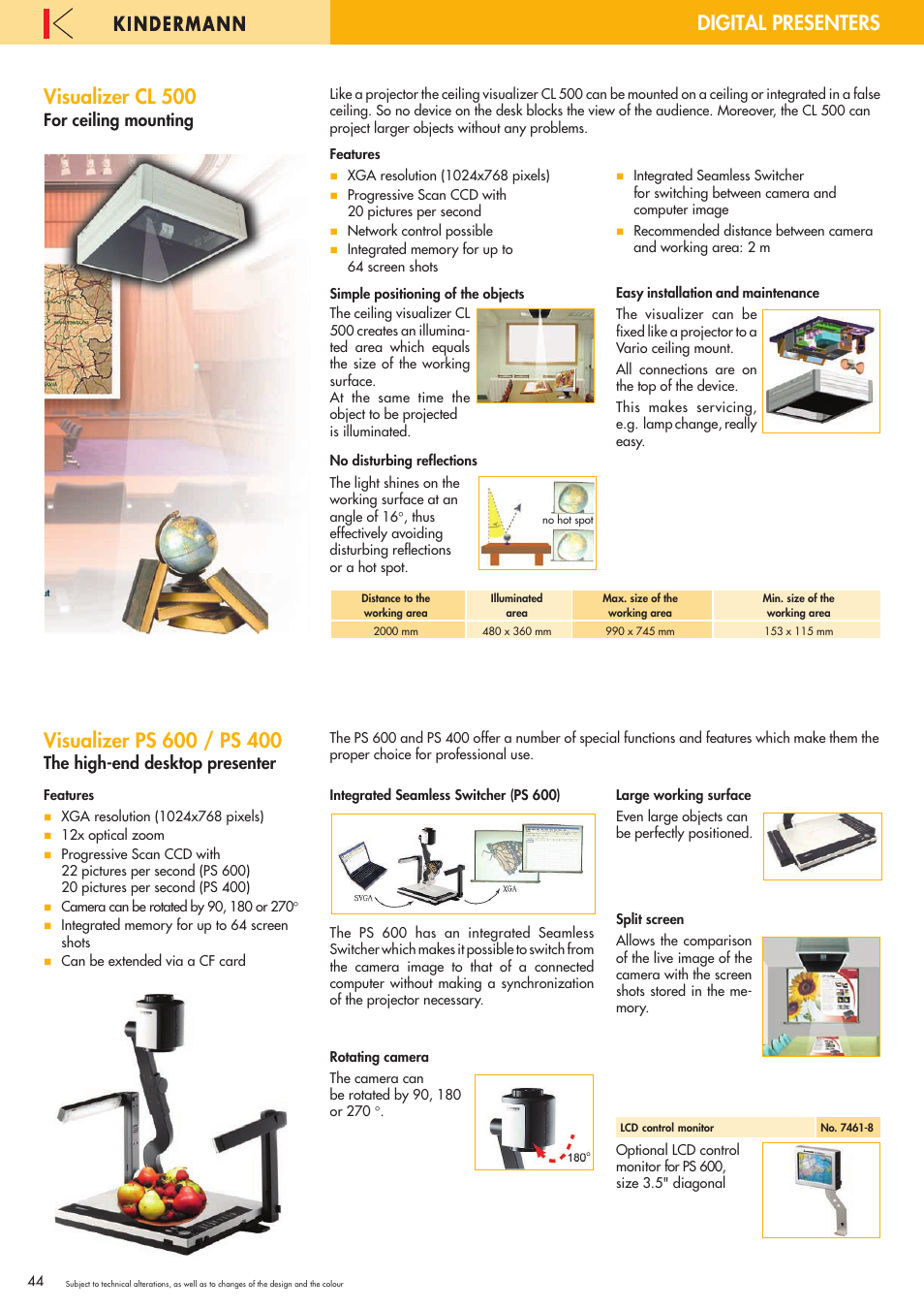 Digital presenters, Visualizer cl 500, Visualizer ps 600 / ps 400 | For ceiling mounting, The high-end desktop presenter | Philips 220X User Manual | Page 44 / 68