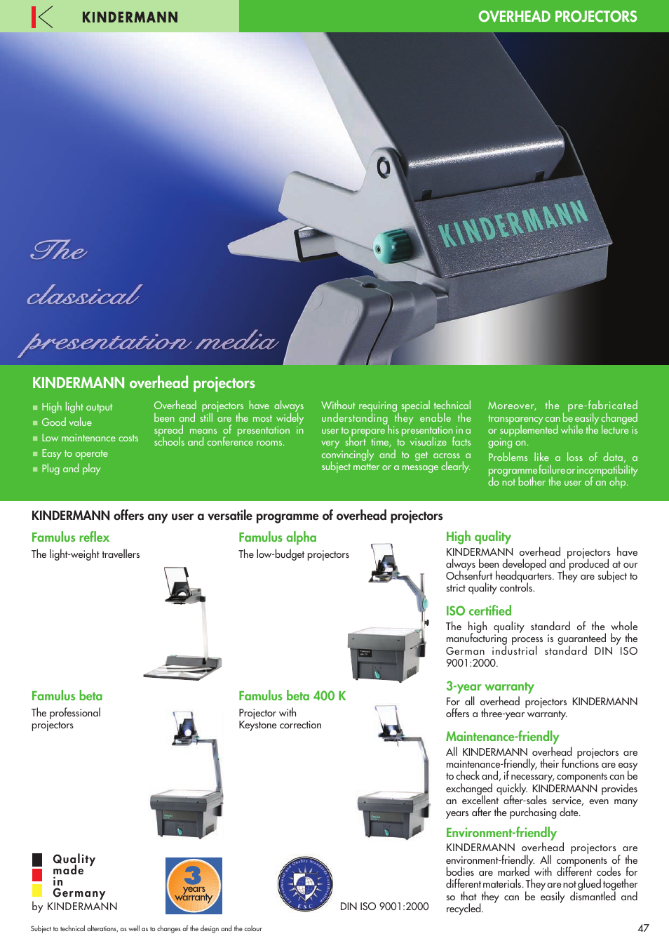 Overhead projectors, Kindermann overhead projectors | Philips 220X User Manual | Page 47 / 68