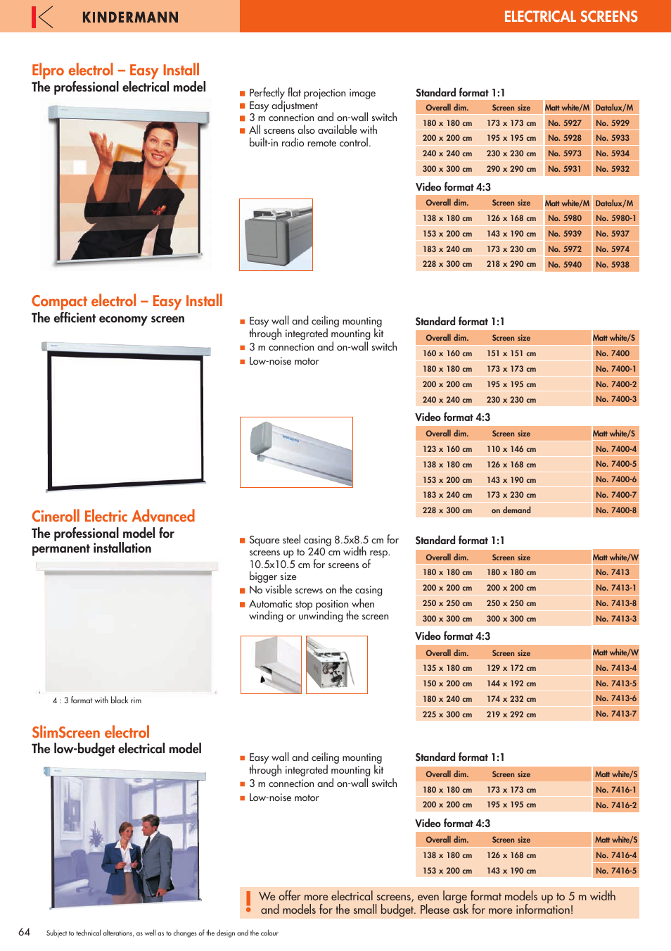 Elpro electrol – easy install, Compact electrol – easy install, Cineroll electric advanced | Slimscreen electrol, Electrical screens, The professional electrical model, The efficient economy screen, The low-budget electrical model, The professional model for permanent installation | Philips 220X User Manual | Page 64 / 68