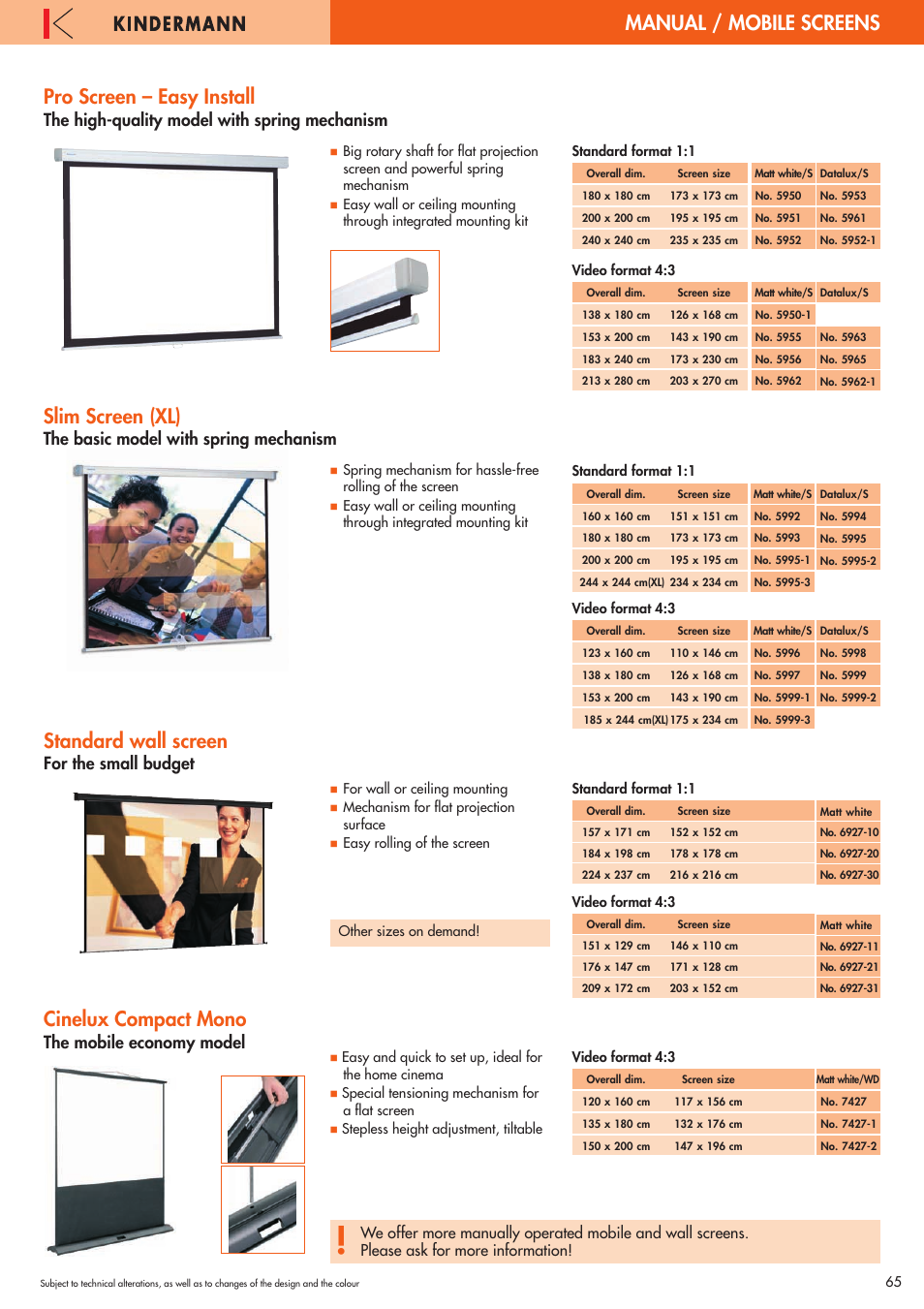 Pro screen – easy install, Slim screen (xl), Standard wall screen | Cinelux compact mono, Manual / mobile screens pro screen – easy install, The high-quality model with spring mechanism, The basic model with spring mechanism, The mobile economy model, For the small budget | Philips 220X User Manual | Page 65 / 68