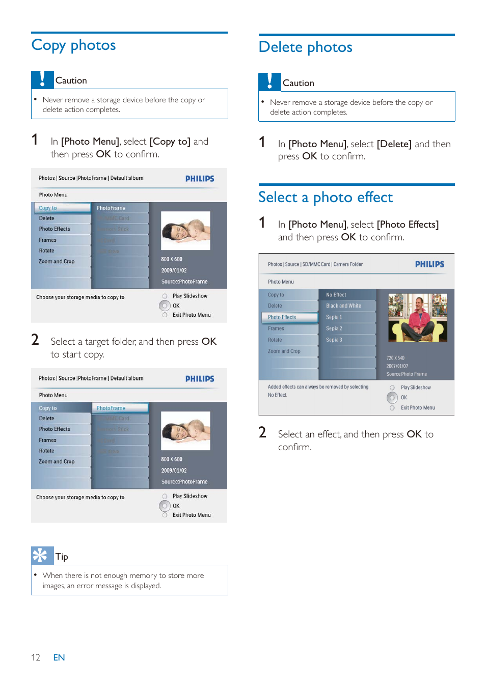 Copy photos, Delete photos, Select a photo effect 1 | Philips SPF2027/93 User Manual | Page 13 / 36