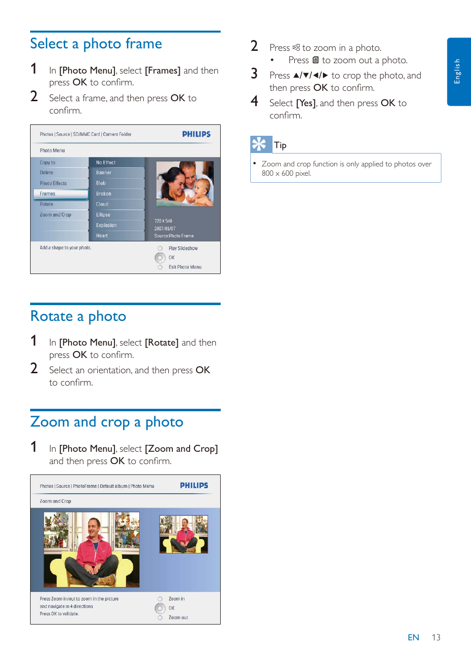 Select a photo frame 1, Rotate a photo 1, Zoom and crop a photo 1 | Philips SPF2027/93 User Manual | Page 14 / 36