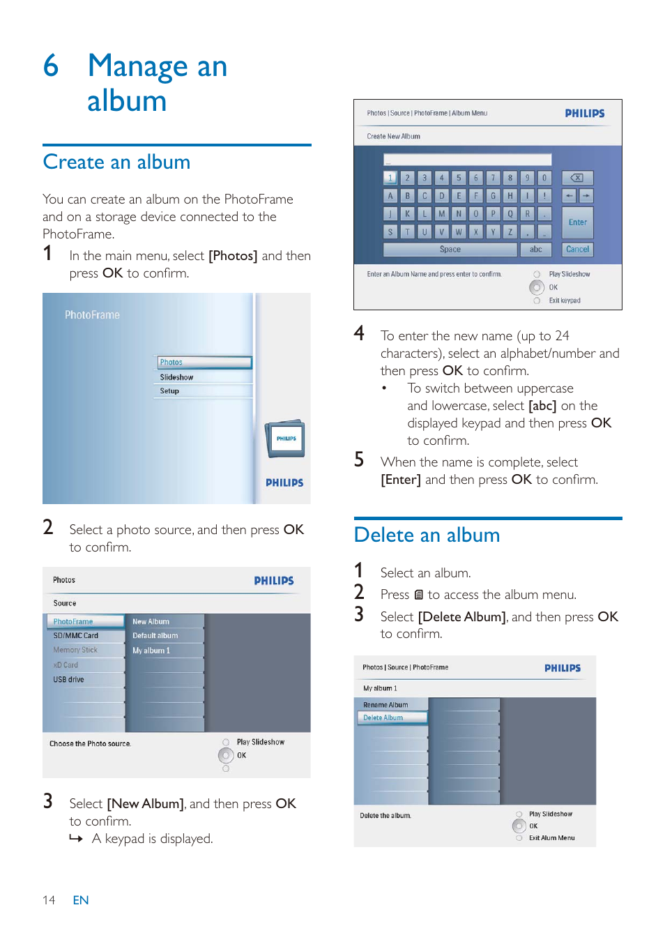 6 manage an album, Create an album, Delete an album 1 | Philips SPF2027/93 User Manual | Page 15 / 36