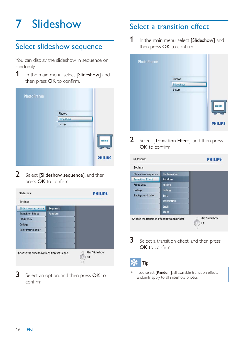 7 slideshow, Select slideshow sequence, Select a transition effect 1 | Philips SPF2027/93 User Manual | Page 17 / 36