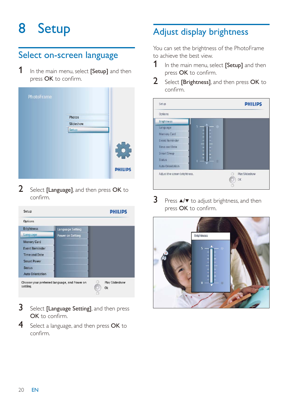 8 setup, Select on-screen language 1, Adjust display brightness | Philips SPF2027/93 User Manual | Page 21 / 36