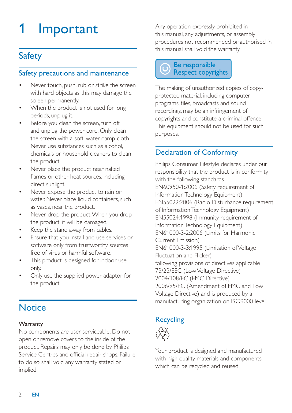 1 important, Safety, Notice | Philips SPF2027/93 User Manual | Page 3 / 36