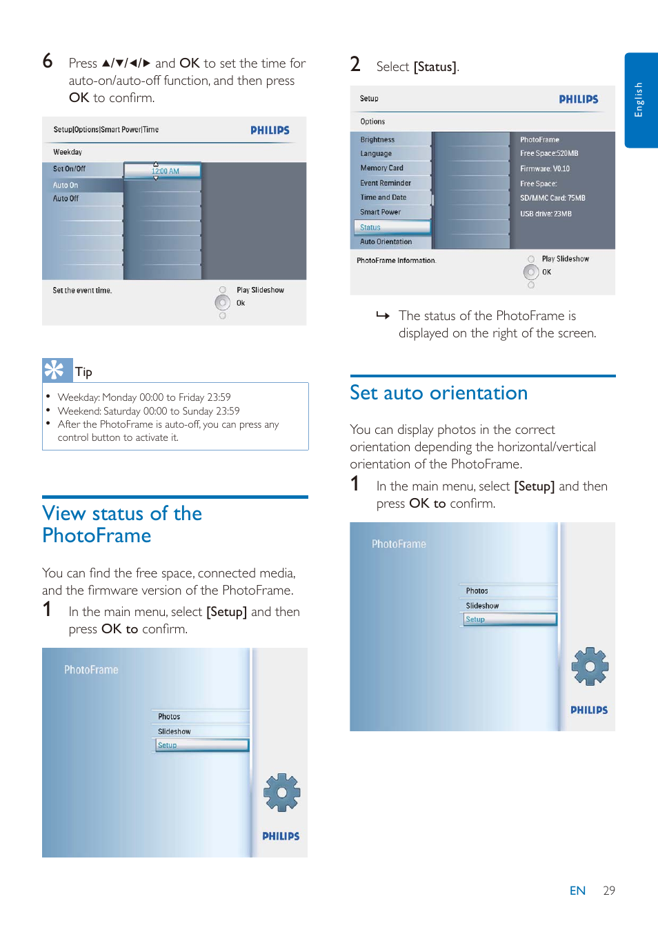 Set auto orientation, View status of the photoframe | Philips SPF2027/93 User Manual | Page 30 / 36