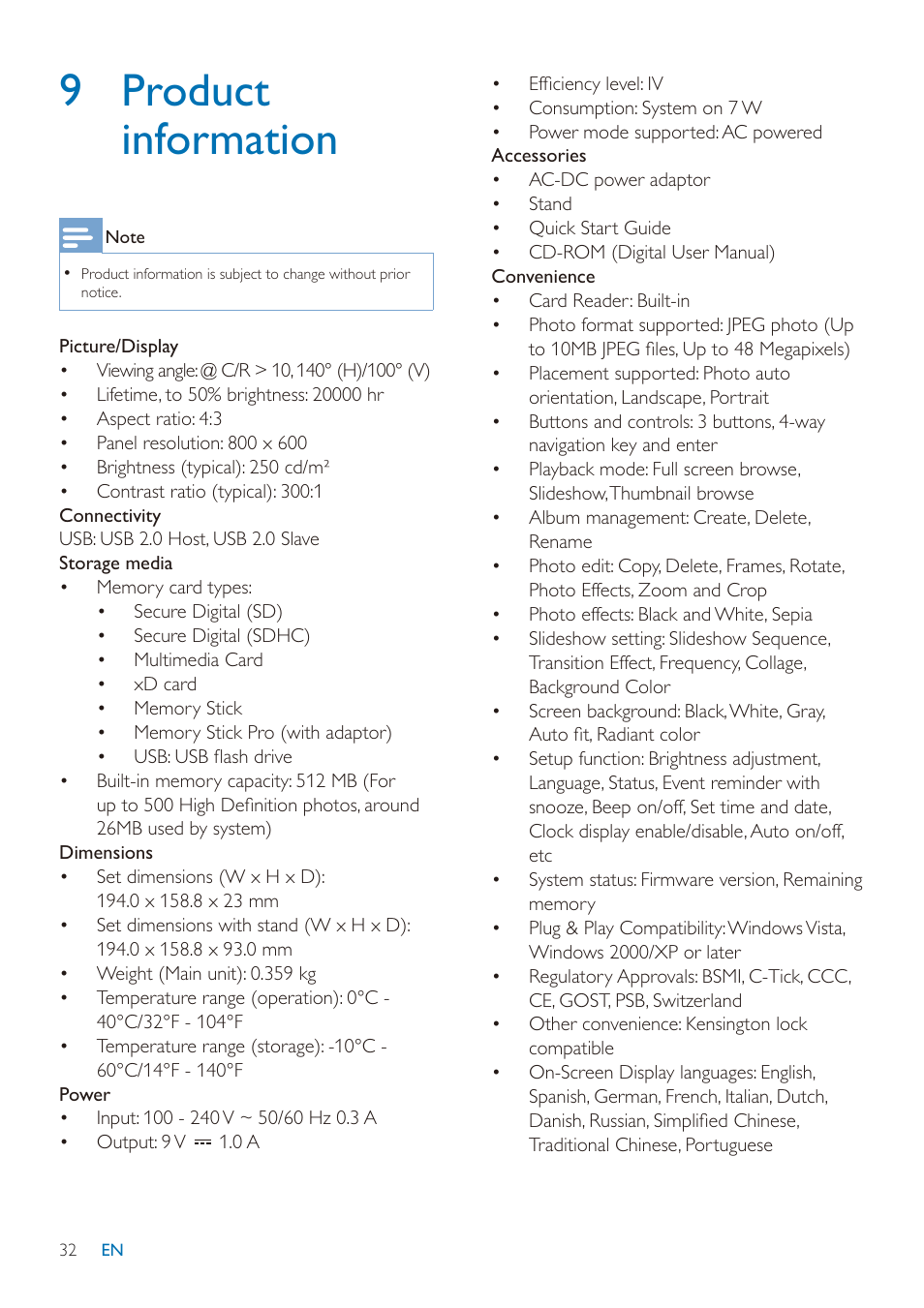 9 product information | Philips SPF2027/93 User Manual | Page 33 / 36