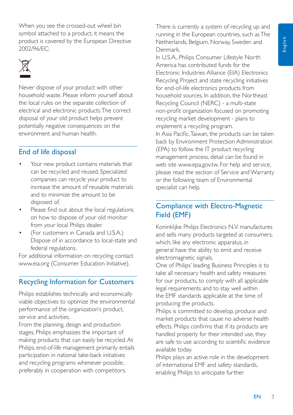 End of life disposal, Recycling information for customers, Compliance with electro-magnetic field (emf) | Philips SPF2027/93 User Manual | Page 4 / 36