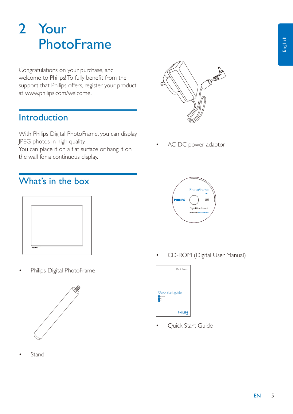 2 your photoframe, Introduction, What’s in the box | Philips SPF2027/93 User Manual | Page 6 / 36