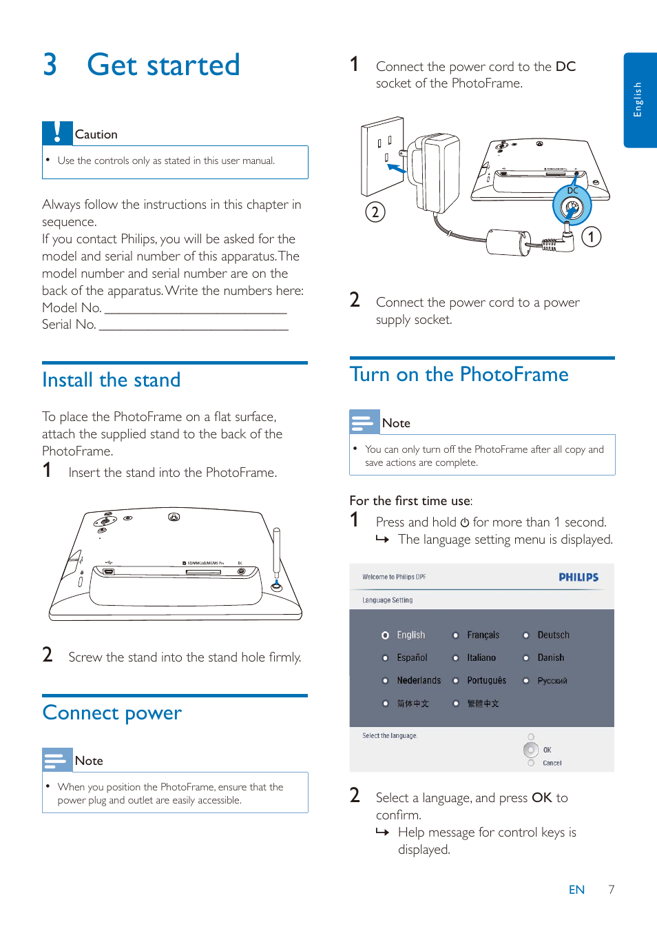 3 get started, Install the stand, Connect power | Turn on the photoframe | Philips SPF2027/93 User Manual | Page 8 / 36