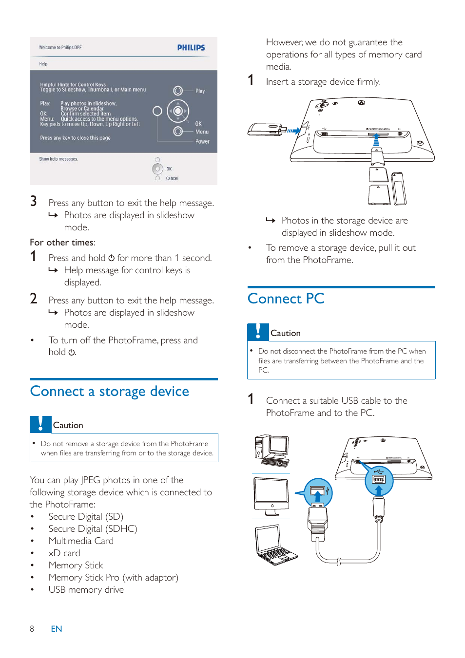 Connect a storage device, Connect pc | Philips SPF2027/93 User Manual | Page 9 / 36