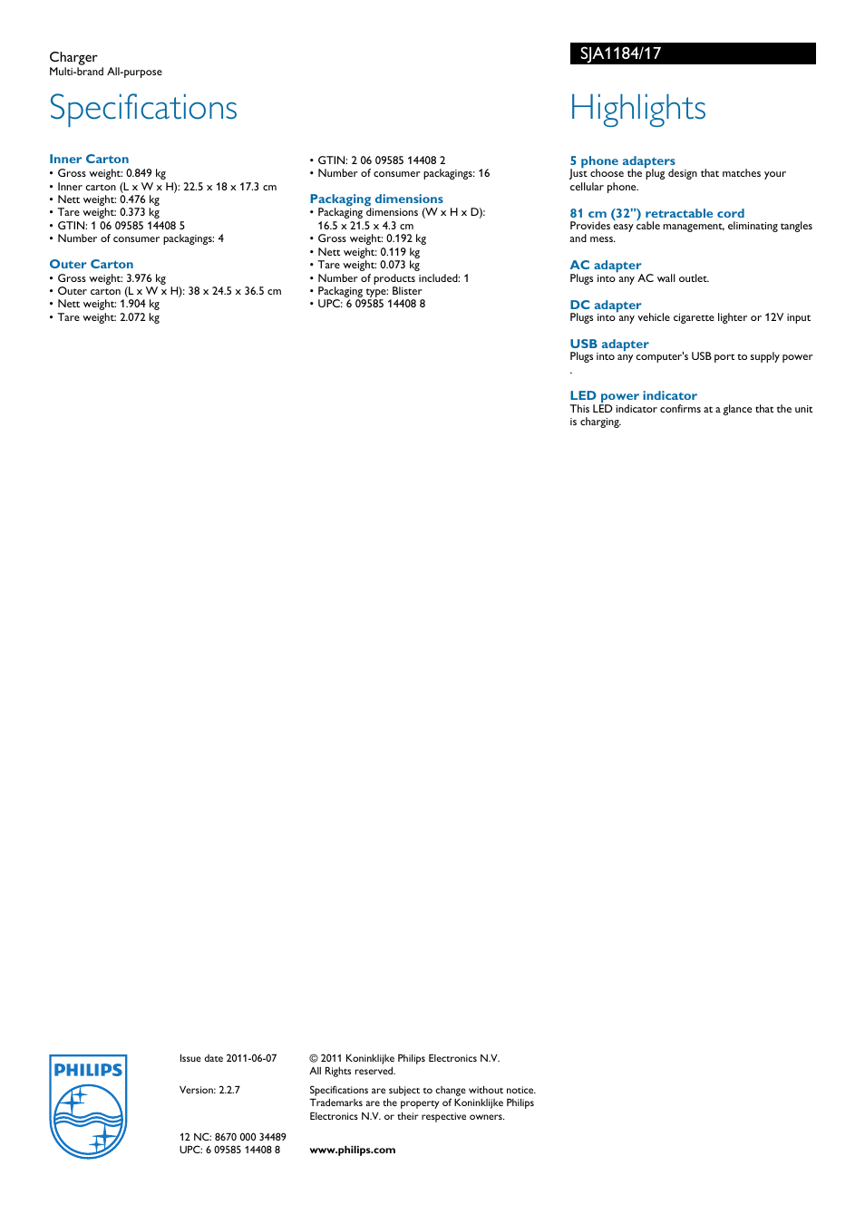 Specifications, Highlights | Philips SJA1184 User Manual | Page 2 / 2