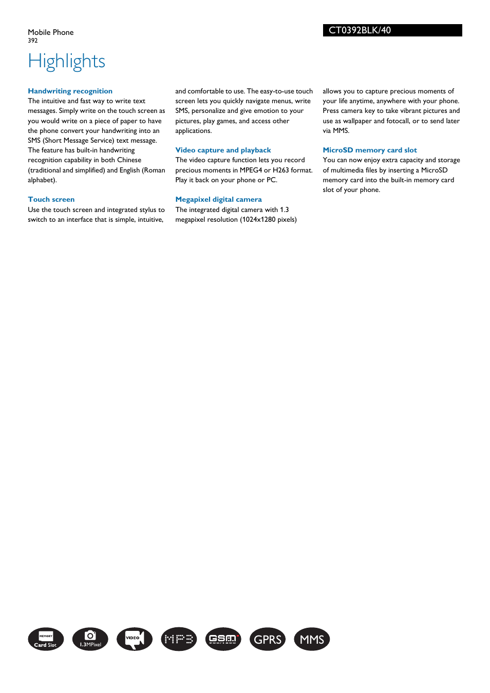 Highlights, Gprs mms | Philips CT0392BLK User Manual | Page 2 / 3