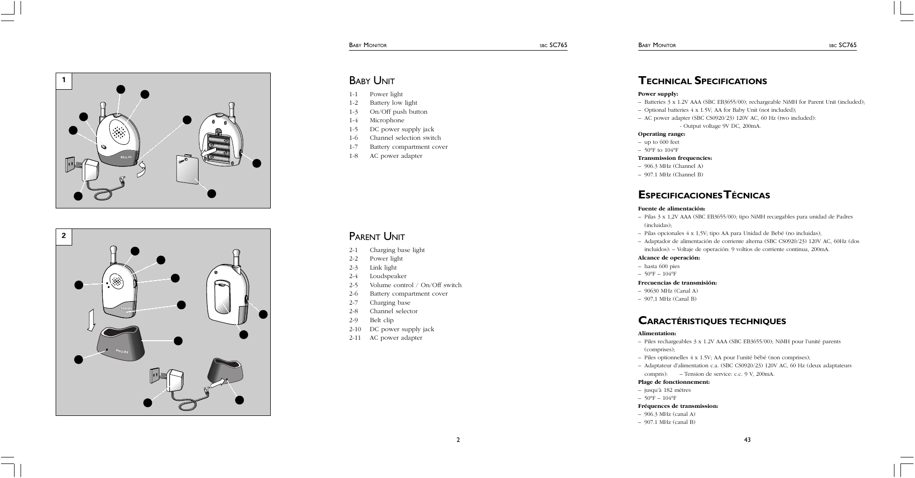 Arent, Echnical, Pecifications | Specificaciones, Écnicas, Aractéristiques, Techniques | Philips SC765 User Manual | Page 2 / 2