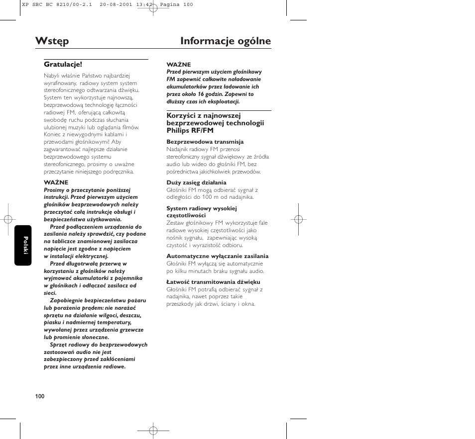 Wstęp informacje ogólne | Philips FM CORDLESS SPEAKER BC8210 User Manual | Page 100 / 133