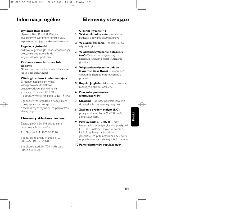 Informacje ogólne elementy sterujące | Philips FM CORDLESS SPEAKER BC8210 User Manual | Page 101 / 133