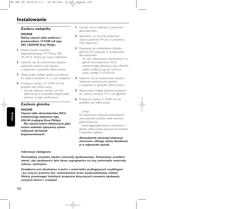 Instalowanie | Philips FM CORDLESS SPEAKER BC8210 User Manual | Page 102 / 133