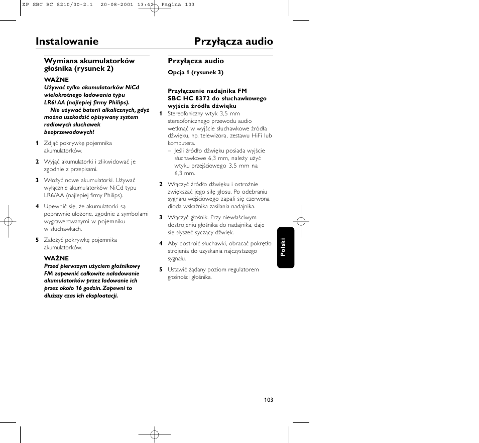 Instalowanie przyłącza audio | Philips FM CORDLESS SPEAKER BC8210 User Manual | Page 103 / 133