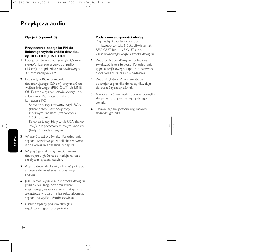 Przyłącza audio | Philips FM CORDLESS SPEAKER BC8210 User Manual | Page 104 / 133