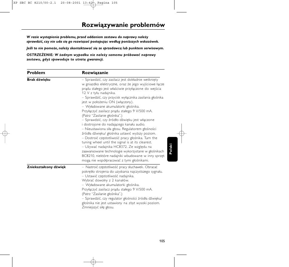 Rozwiązywanie problemów | Philips FM CORDLESS SPEAKER BC8210 User Manual | Page 105 / 133