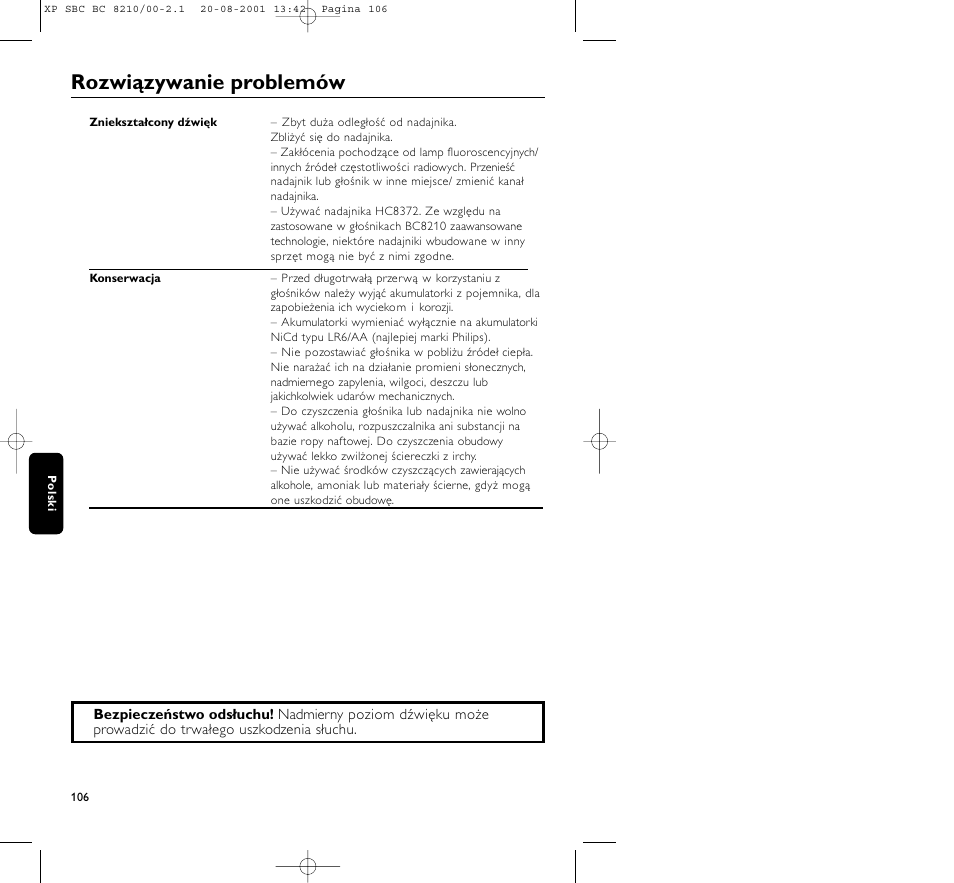 Rozwiązywanie problemów | Philips FM CORDLESS SPEAKER BC8210 User Manual | Page 106 / 133