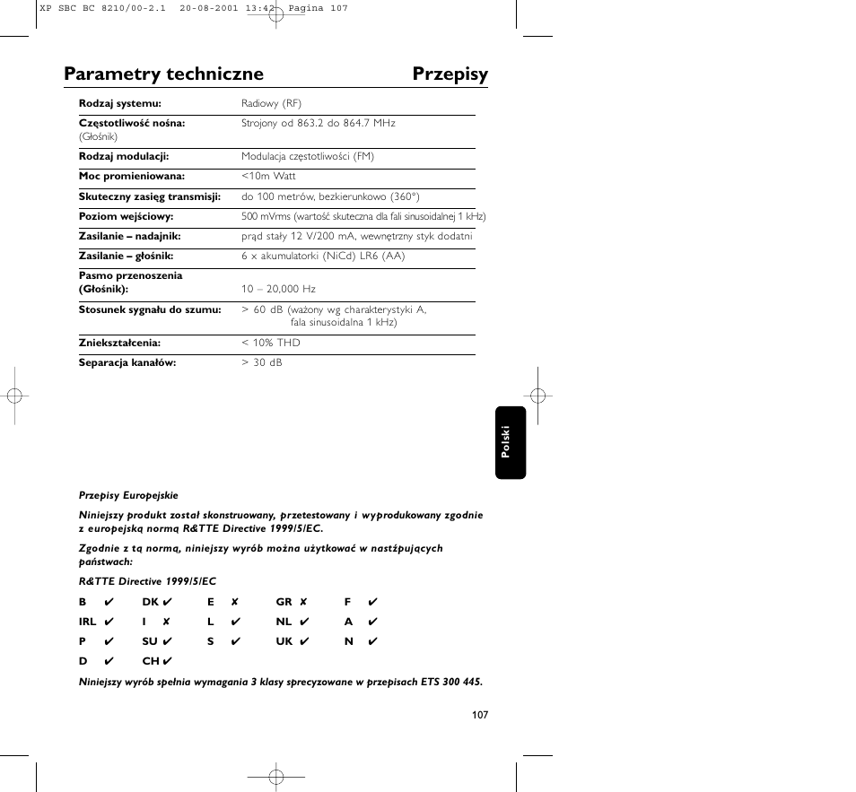 Parametry techniczne przepisy | Philips FM CORDLESS SPEAKER BC8210 User Manual | Page 107 / 133