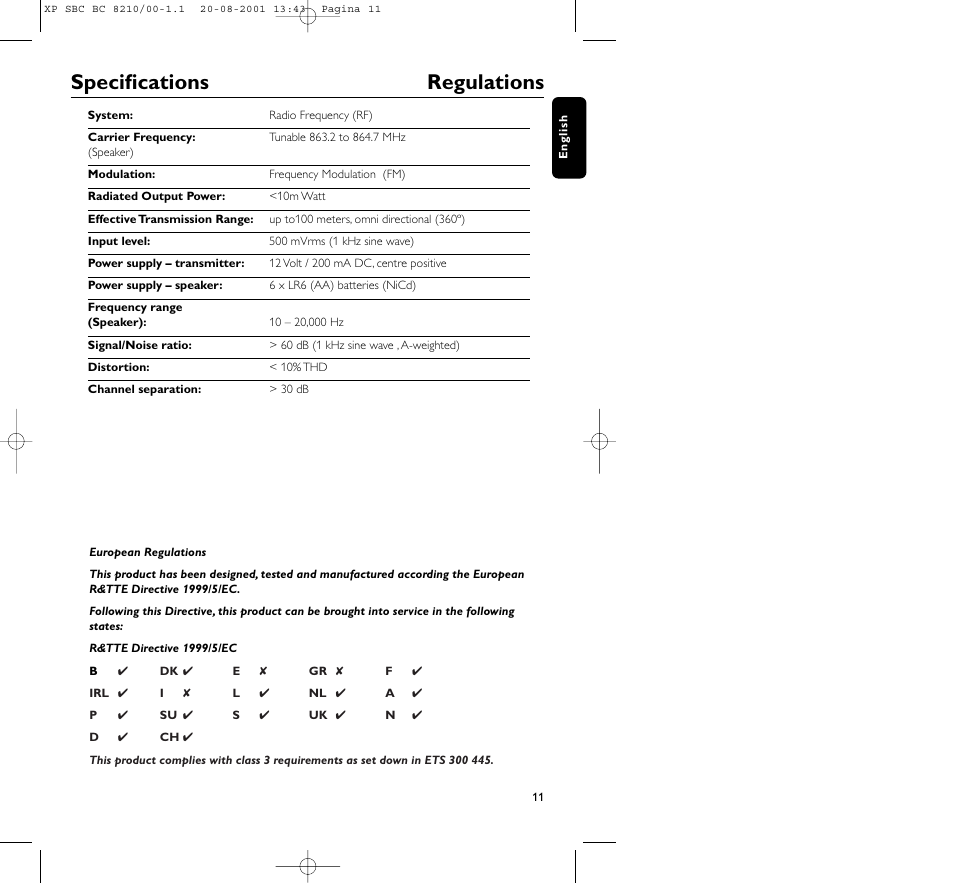 Specifications regulations | Philips FM CORDLESS SPEAKER BC8210 User Manual | Page 11 / 133