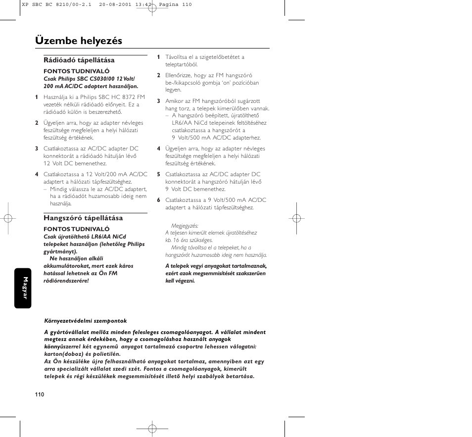 Üzembe helyezés | Philips FM CORDLESS SPEAKER BC8210 User Manual | Page 110 / 133