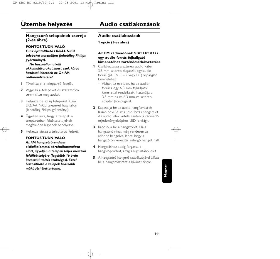 Üzembe helyezés audio csatlakozások | Philips FM CORDLESS SPEAKER BC8210 User Manual | Page 111 / 133