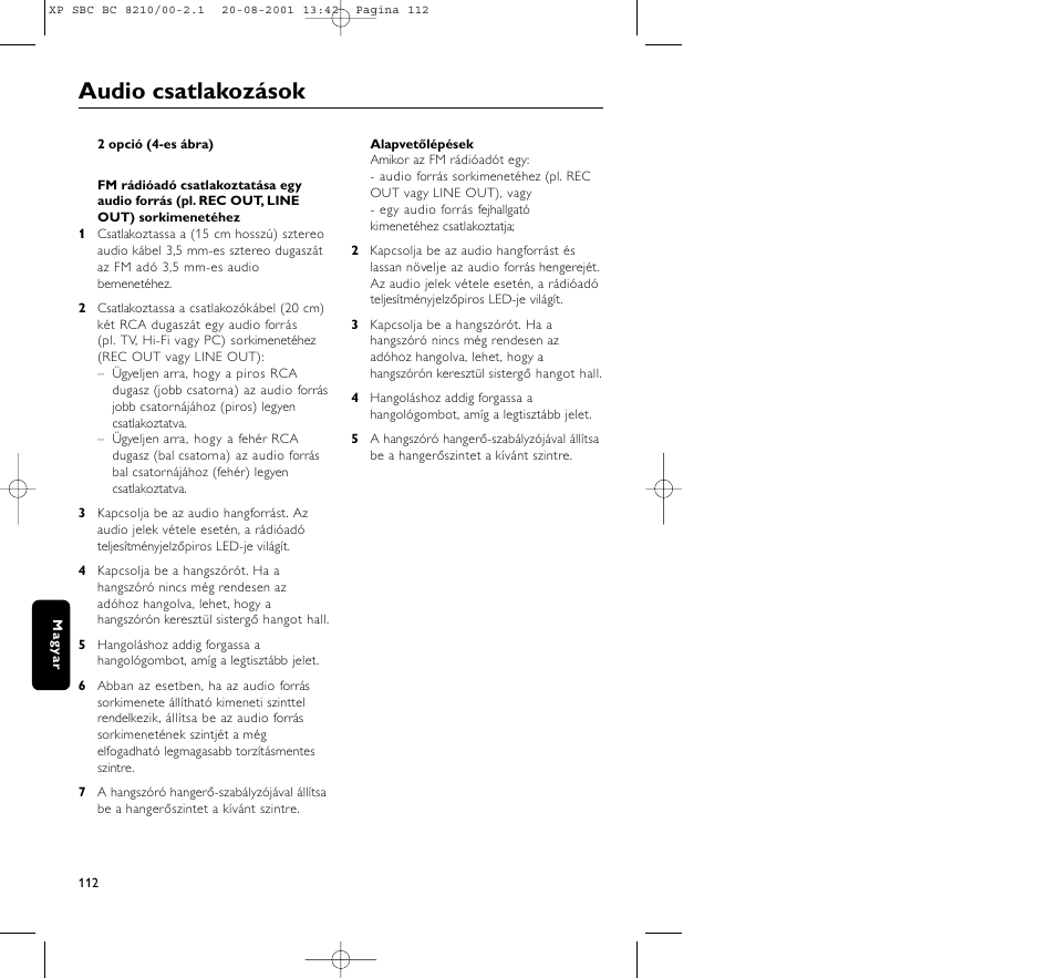 Audio csatlakozások | Philips FM CORDLESS SPEAKER BC8210 User Manual | Page 112 / 133