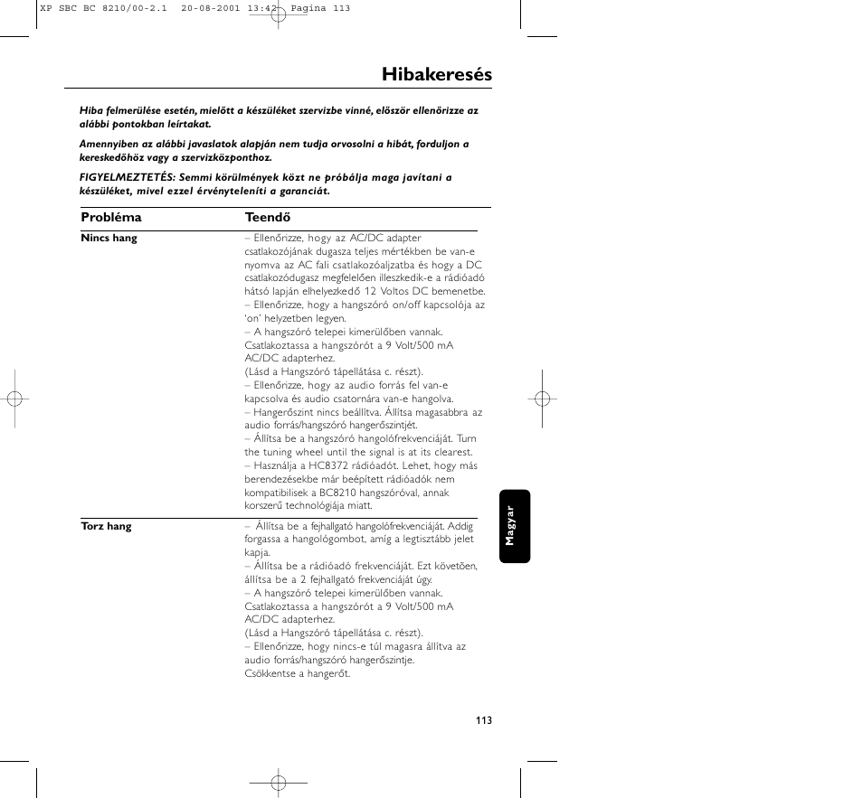 Hibakeresés | Philips FM CORDLESS SPEAKER BC8210 User Manual | Page 113 / 133