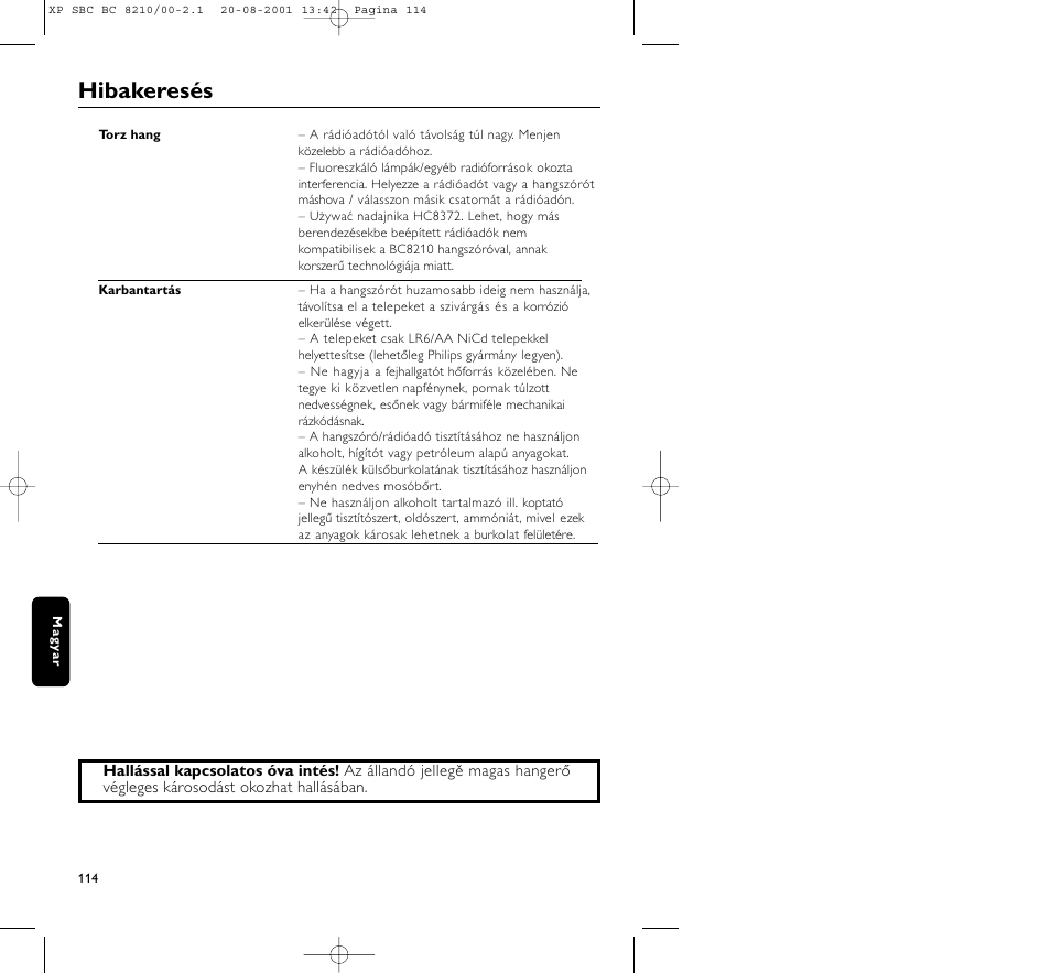 Hibakeresés | Philips FM CORDLESS SPEAKER BC8210 User Manual | Page 114 / 133